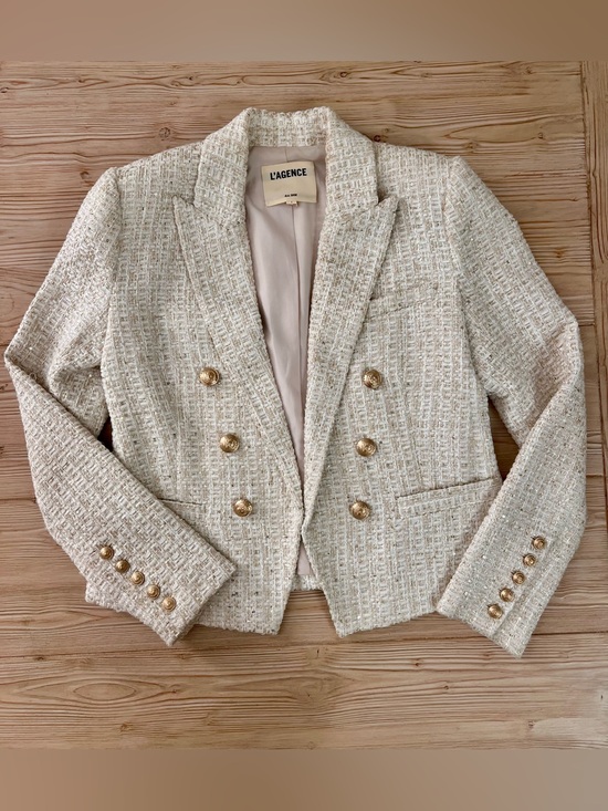 L'AGENCE Jackets & Blazers - ’Agence Brooke Ivory Metallic Tweed Double Breasted Blazer 4